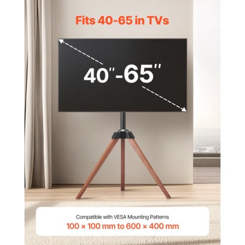 VEVOR Tripod Easel TV Stand, για τηλεοράσεις επίπεδης οθόνης 40-65 ιντσών έως 99 λίβρες, φορητή βάση τηλεόρασης με περιστροφή 18° αριστερά-δεξιά με πόδια από ξύλο δρυός, για υπνοδωμάτιο, σαλόνι, στούντιο, MAX VESA 600 x 400 mm