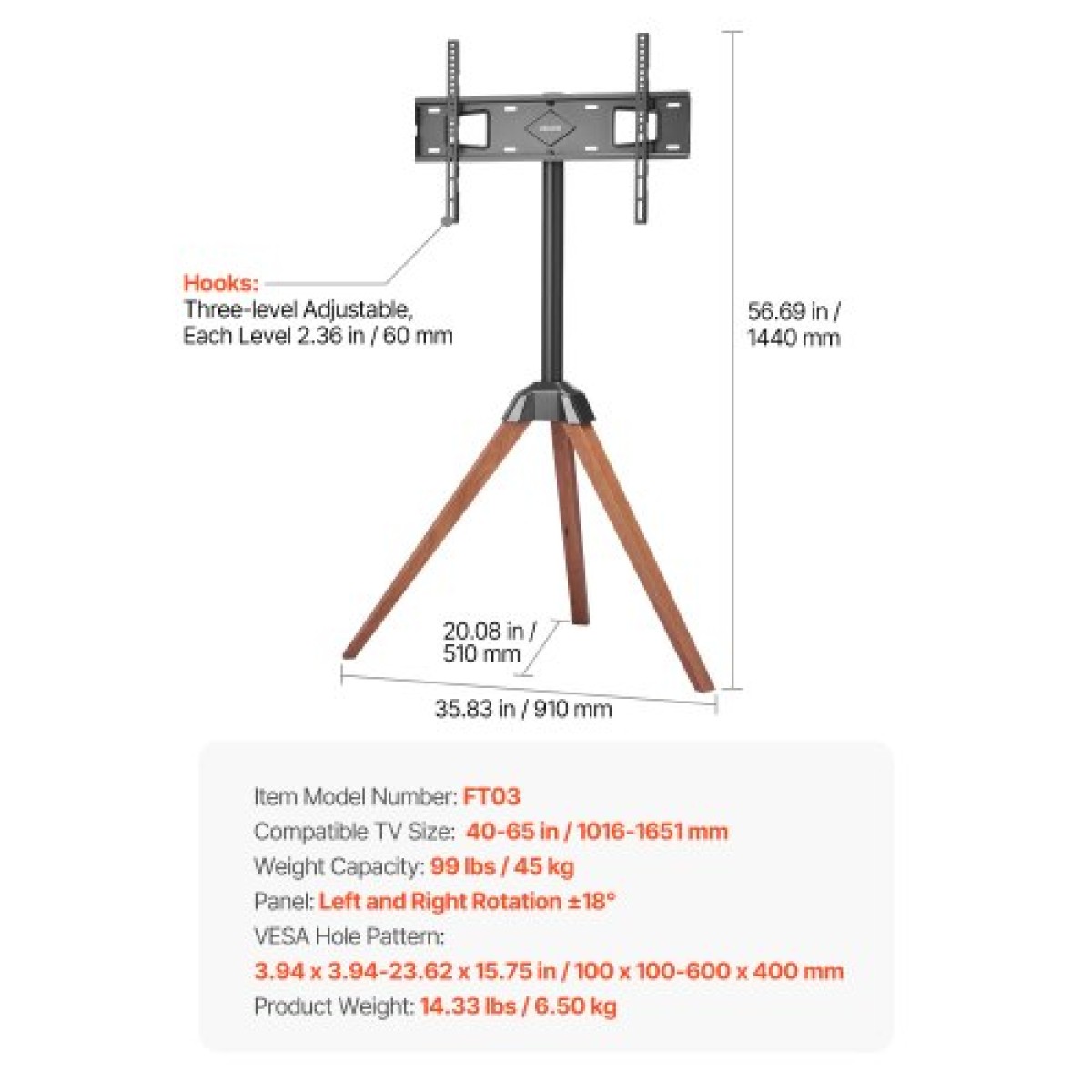 VEVOR Tripod Easel TV Stand, για τηλεοράσεις επίπεδης οθόνης 40-65 ιντσών έως 99 λίβρες, φορητή βάση τηλεόρασης με περιστροφή 18° αριστερά-δεξιά με πόδια από ξύλο δρυός, για υπνοδωμάτιο, σαλόνι, στούντιο, MAX VESA 600 x 400 mm
