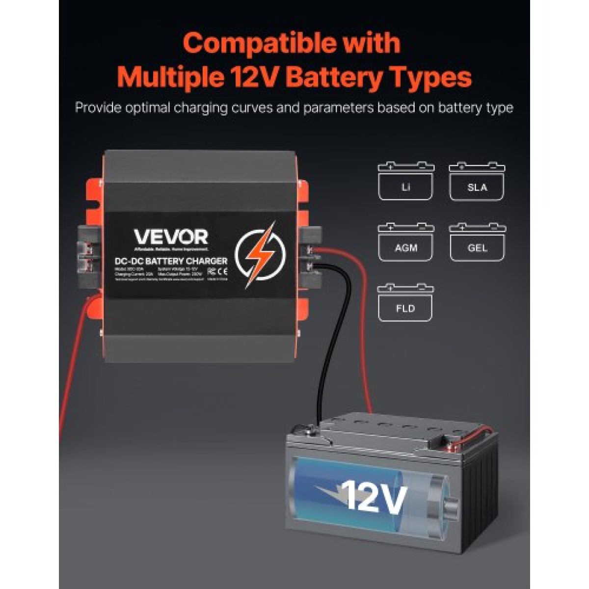 VEVOR 12V 20A DC to DC φορτιστής μπαταριών, 250W, φορτιστής μπαταρίας οχήματος για μπαταρίες μολύβδου-οξέος, λιθίου, AGM, GEL και πλημμυρισμένες μπαταρίες, Έξυπνη φόρτιση πολλαπλών σταδίων, για RV, επαγγελματικά οχήματα, σκάφη, γιοτ