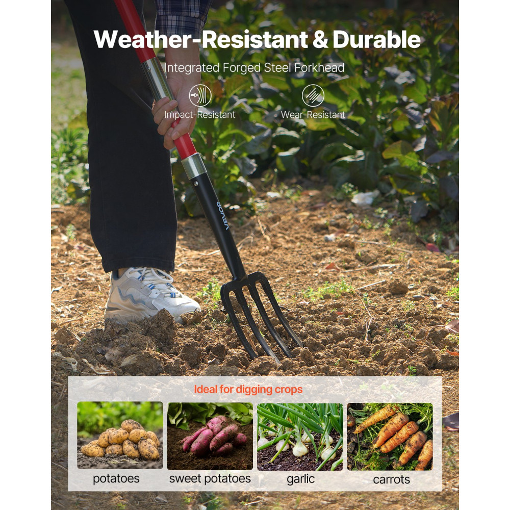 VEVOR Garden Fork, 4-Tine Gardening Pitchfork with Fiberglass Handle, 45 in Heavy Duty Digging Fork with Y Grip, Forged Steel Spading Fork for Hay Potato Composting Aeration Transplanting