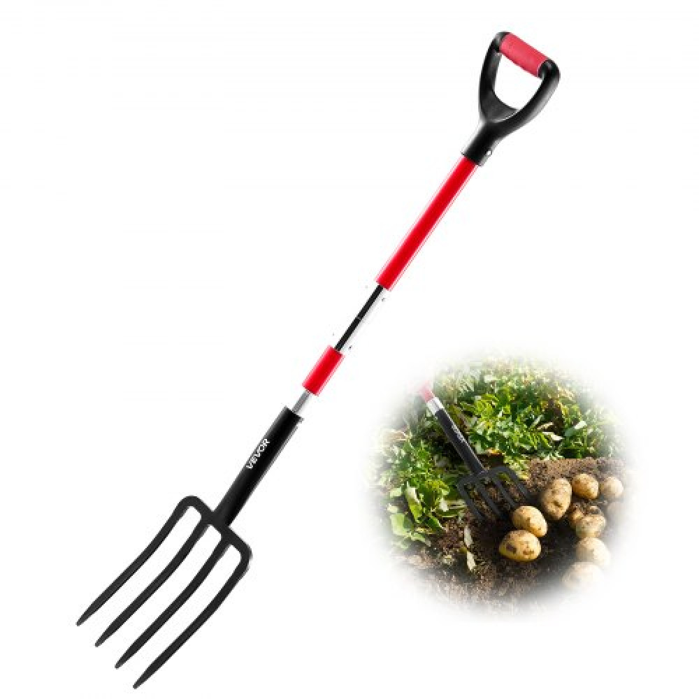 VEVOR Garden Fork, 4-Tine Gardening Pitchfork with Fiberglass Handle, 45 in Heavy Duty Digging Fork with Y Grip, Forged Steel Spading Fork for Hay Potato Composting Aeration Transplanting