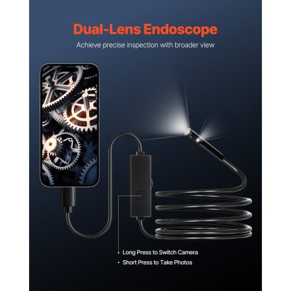 VEVOR Dual Lens Borescope Endoscope Camera for Android IOS & 3m Snake Cable