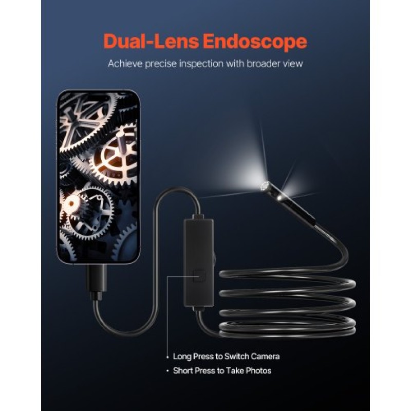 Κάμερα ενδοσκοπίου VEVOR με φως, Borescope με διπλό φακό για Android & IOS, κάμερα επιθεώρησης 1920P HD με 8 + 1 φώτα LED, ζουμ 2X, καλώδιο Snake 3m, IP67 αδιάβροχη κάμερα φιδιού για αυτοκίνητα, υδραυλικά