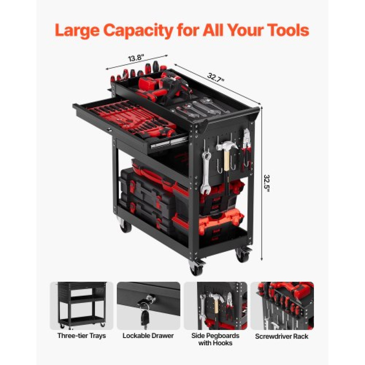 Καρότσι εργαλείων VEVOR 4 επιπέδων με ρόδες, χωρητικότητα 350 λίβρες, τροχαίο καρότσι εργασίας με συρτάρι & μανταλάκι, Μηχανικός οργανωτής αποθήκευσης εργαλείων με σύστημα κλειδώματος για γκαράζ, αποθήκη και συνεργείο, μαύρο