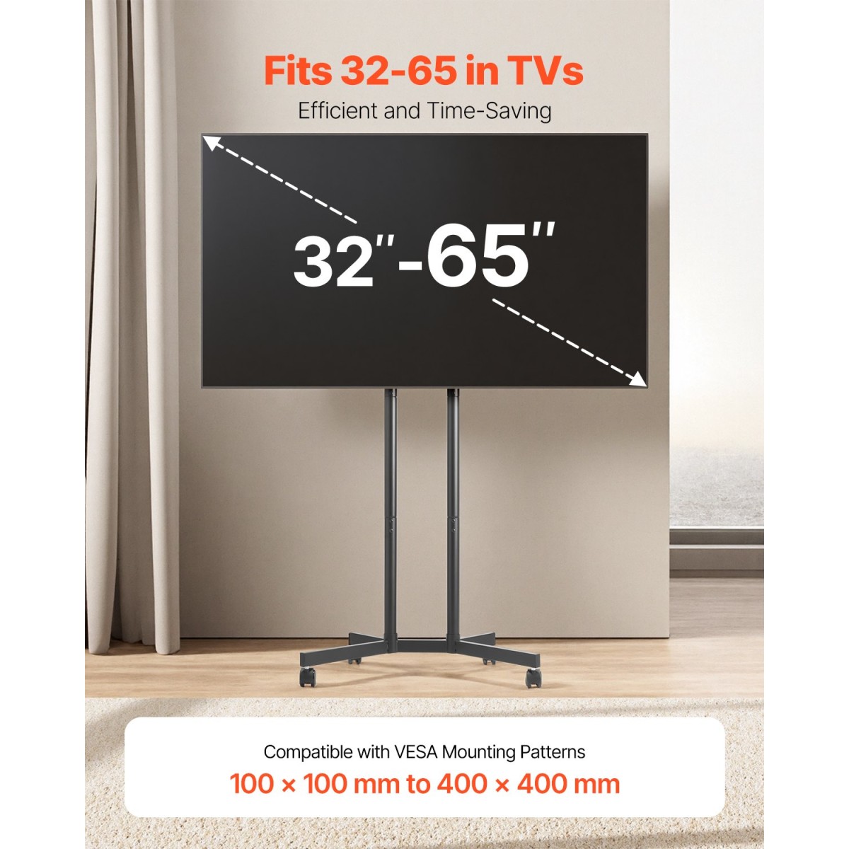 VEVOR Rolling TV Stand, Κινητό καλάθι τηλεόρασης για οθόνες 32-65 ιντσών, ρυθμιζόμενο ύψος, φορητή βάση οθόνης με ρόδες που χωράει έως 88 lbs για σαλόνι, υπνοδωμάτιο, γραφείο, εξωτερικό, Max VESA 400x400mm