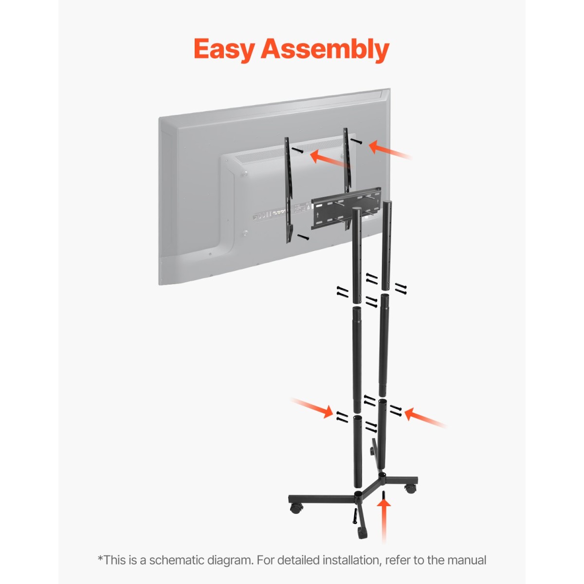 VEVOR Rolling TV Stand, Κινητό καλάθι τηλεόρασης για οθόνες 32-65 ιντσών, ρυθμιζόμενο ύψος, φορητή βάση οθόνης με ρόδες που χωράει έως 88 lbs για σαλόνι, υπνοδωμάτιο, γραφείο, εξωτερικό, Max VESA 400x400mm