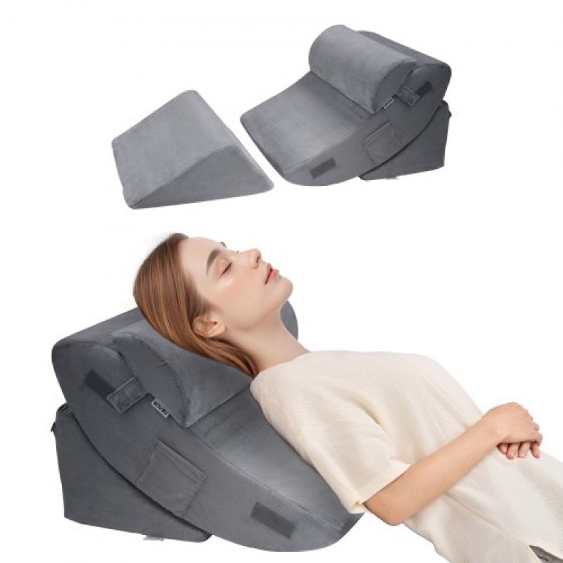 VEVOR Wedge μαξιλάρι για ύπνο, 4 τμχ Ρυθμιζόμενο ορθοπεδικό σετ σφηνοειδούς κρεβατιού, στήριξη ώμου αυχένα ποδιών, μαξιλάρι μετά την επέμβαση για πόνο στην πλάτη, παλινδρόμηση οξέος, ανακούφιση από το ροχαλητό, καθιστή στο κρεβάτι, σκούρο γκρι