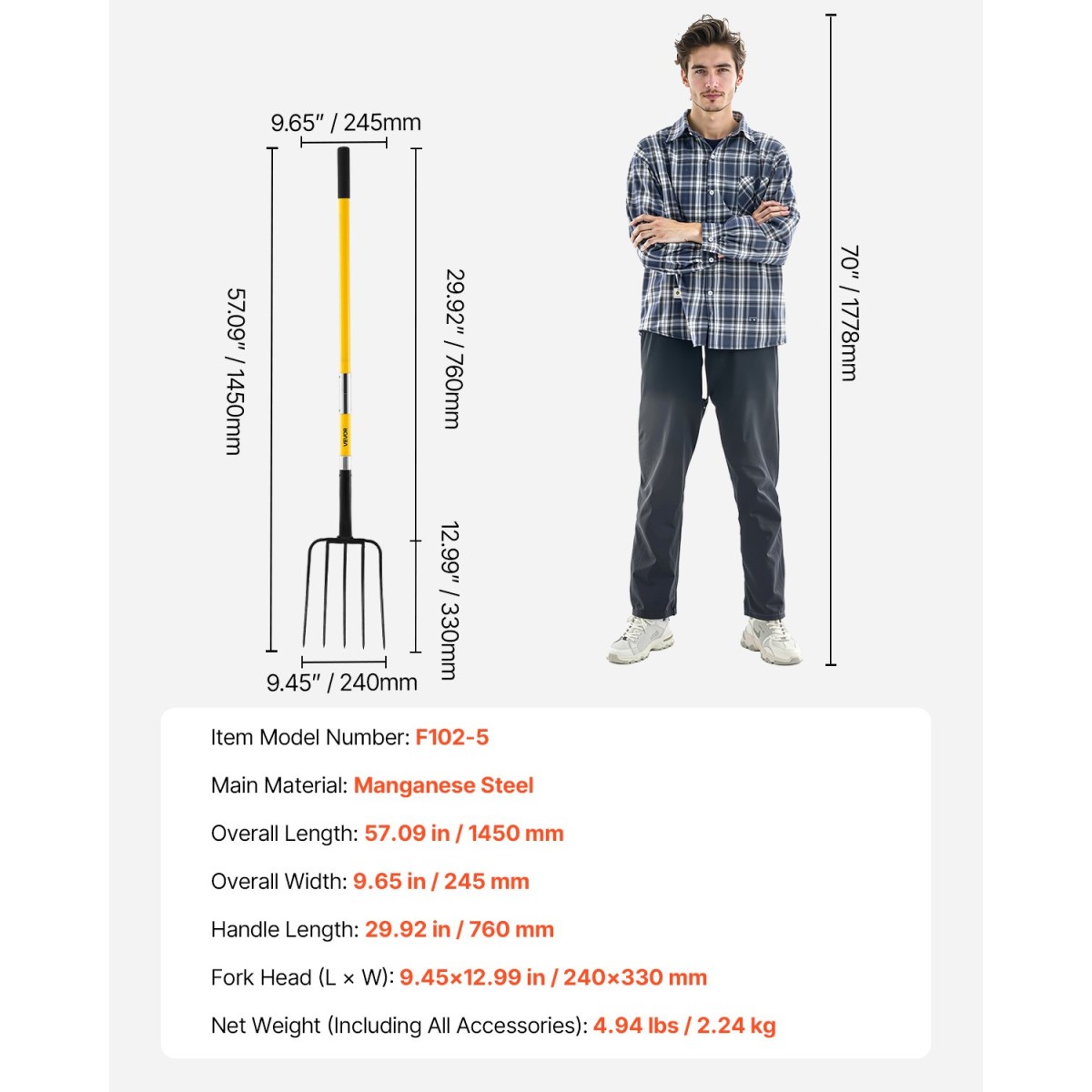 VEVOR Garden Fork, Pitchfork 5-Tine Gardening Pitchfork with Fiberglass Handle, 57 in Heavy Duty Digging Fork with Y Grip, Forged Steel Spading Fork for Hay Potato Composting Aeration Transplanting