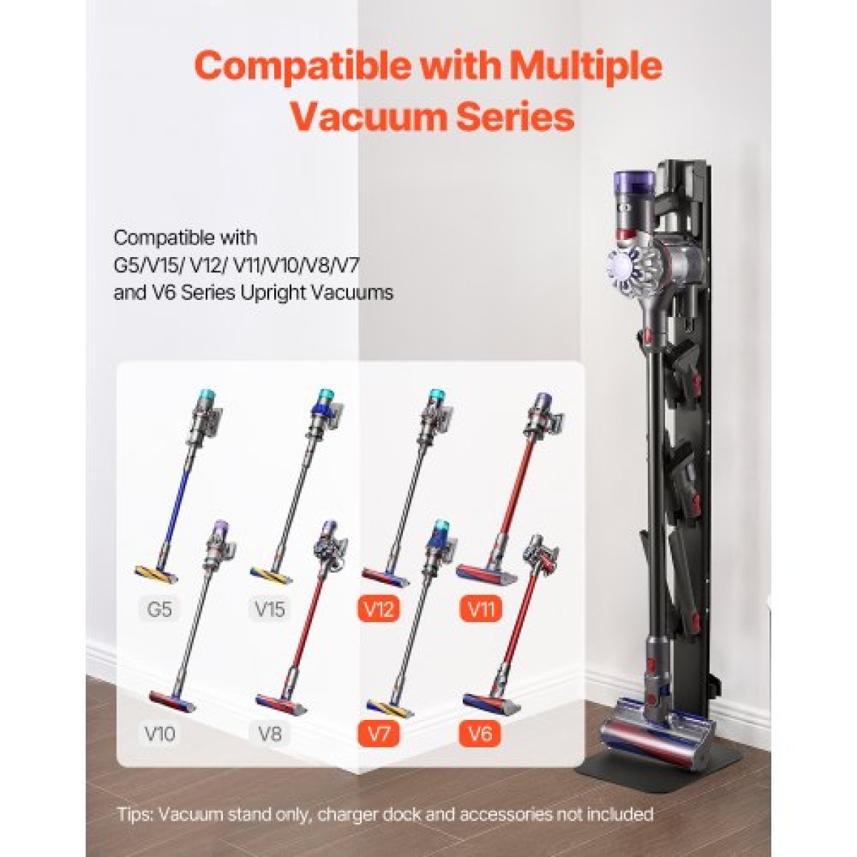 Βάση ηλεκτρικής σκούπας VEVOR, συμβατή με Dyson G5 V15 V12 V11 V10 V8 V7 V6 Series Upright Vacuums Cleaners & Accessories, Σταθερή βάση στήριξης ηλεκτρικής σκούπας με 6 γάντζους και αντιολισθητικά πέλματα, μαύρο