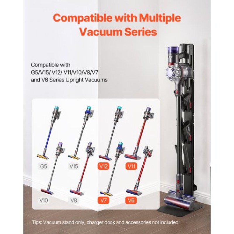Βάση ηλεκτρικής σκούπας VEVOR, συμβατή με Dyson G5 V15 V12 V11 V10 V8 V7 V6 Series Upright Vacuums Cleaners & Accessories, Σταθερή βάση στήριξης ηλεκτρικής σκούπας με 6 γάντζους και αντιολισθητικά πέλματα, μαύρο
