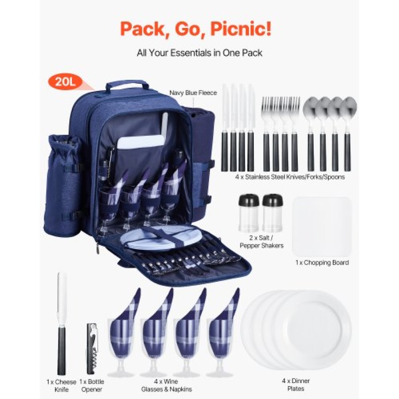 VEVOR Beach Picnic Backpack Bag for 4 Person with Cooler Compartment Navy Blue