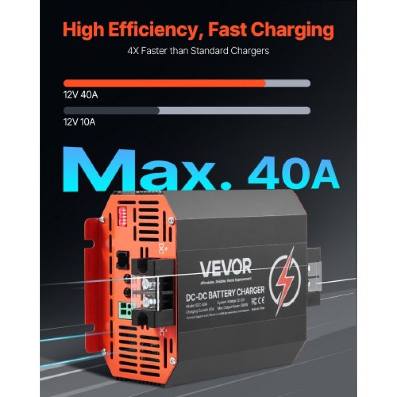 VEVOR 12V 40A DC to DC φορτιστής μπαταριών, 500W, φορτιστής μπαταριών οχήματος για μπαταρίες μολύβδου-οξέος, λιθίου, AGM, GEL και πλημμυρισμένες μπαταρίες, Έξυπνη φόρτιση πολλαπλών σταδίων, για RV, επαγγελματικά οχήματα, σκάφη, σκάφη