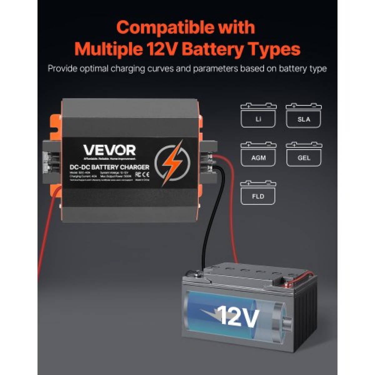 VEVOR 12V 40A DC to DC φορτιστής μπαταριών, 500W, φορτιστής μπαταριών οχήματος για μπαταρίες μολύβδου-οξέος, λιθίου, AGM, GEL και πλημμυρισμένες μπαταρίες, Έξυπνη φόρτιση πολλαπλών σταδίων, για RV, επαγγελματικά οχήματα, σκάφη, σκάφη