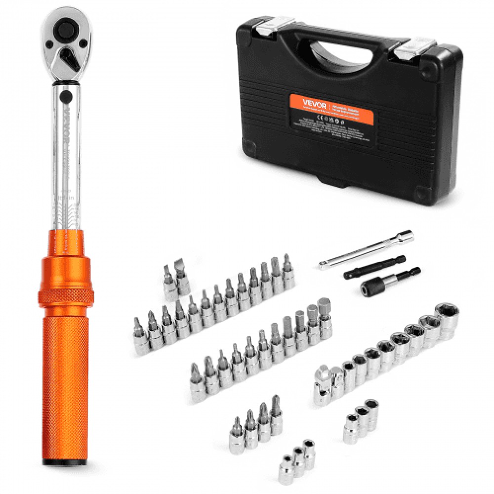 VEVOR Click Torque Wrench Set, 1/4Inch Drive, 20-240 lbf-in / 2,3-27,1 N.m, Dual-direction and Dual Range Scales, 72-Tooth, ±3% High Precision, with Bits, Sockets, Adapters, Extension Bar, Orange