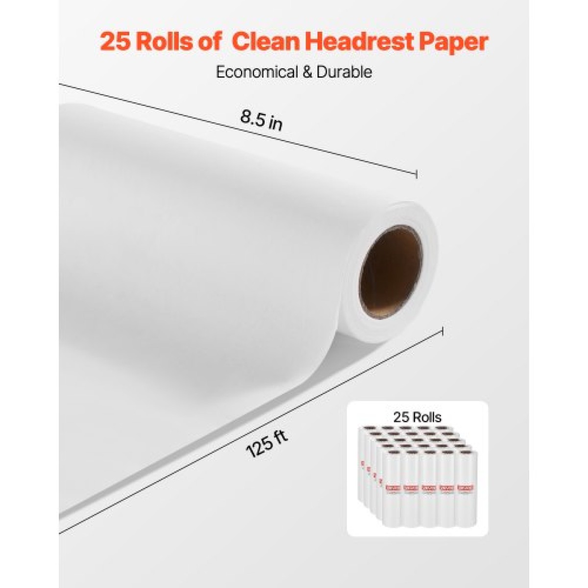 Χαρτί ρολά VEVOR Headrest, 25-Pack 8,5" x 125 ft Χαρτί ιατρικής εξέτασης με επιφάνεια κρεπ, Χαρτί προσκέφαλου μιας χρήσης για προστασία από εμπόδια, Ιδανικό για μασάζ, τραπέζια εξέτασης και χειροπρακτικής, λευκό