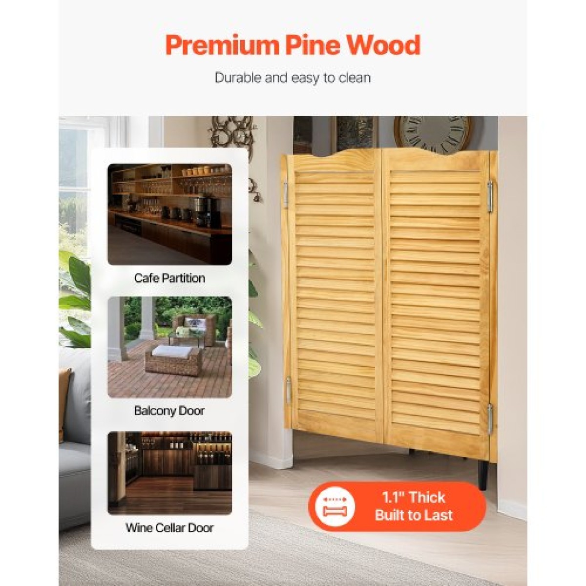 VEVOR Swinging Cafe Doors, Τοξωτές Εσωτερικές Πόρτες Saloon 81,3 x 106,7 cm, Διπλής Δράσης Από ξύλο πεύκου, με μεντεσέδες & υλικό, Εύκολη εγκατάσταση, για είσοδο παμπ κουζίνας στο διάδρομο, κούτσουρο χρώμα