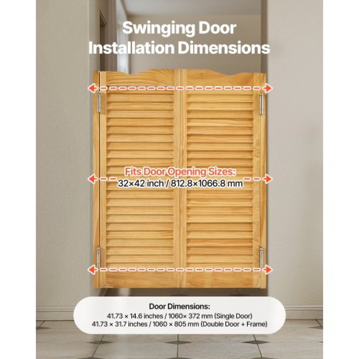 VEVOR Swinging Cafe Doors, Τοξωτές Εσωτερικές Πόρτες Saloon 81,3 x 106,7 cm, Διπλής Δράσης Από ξύλο πεύκου, με μεντεσέδες & υλικό, Εύκολη εγκατάσταση, για είσοδο παμπ κουζίνας στο διάδρομο, κούτσουρο χρώμα