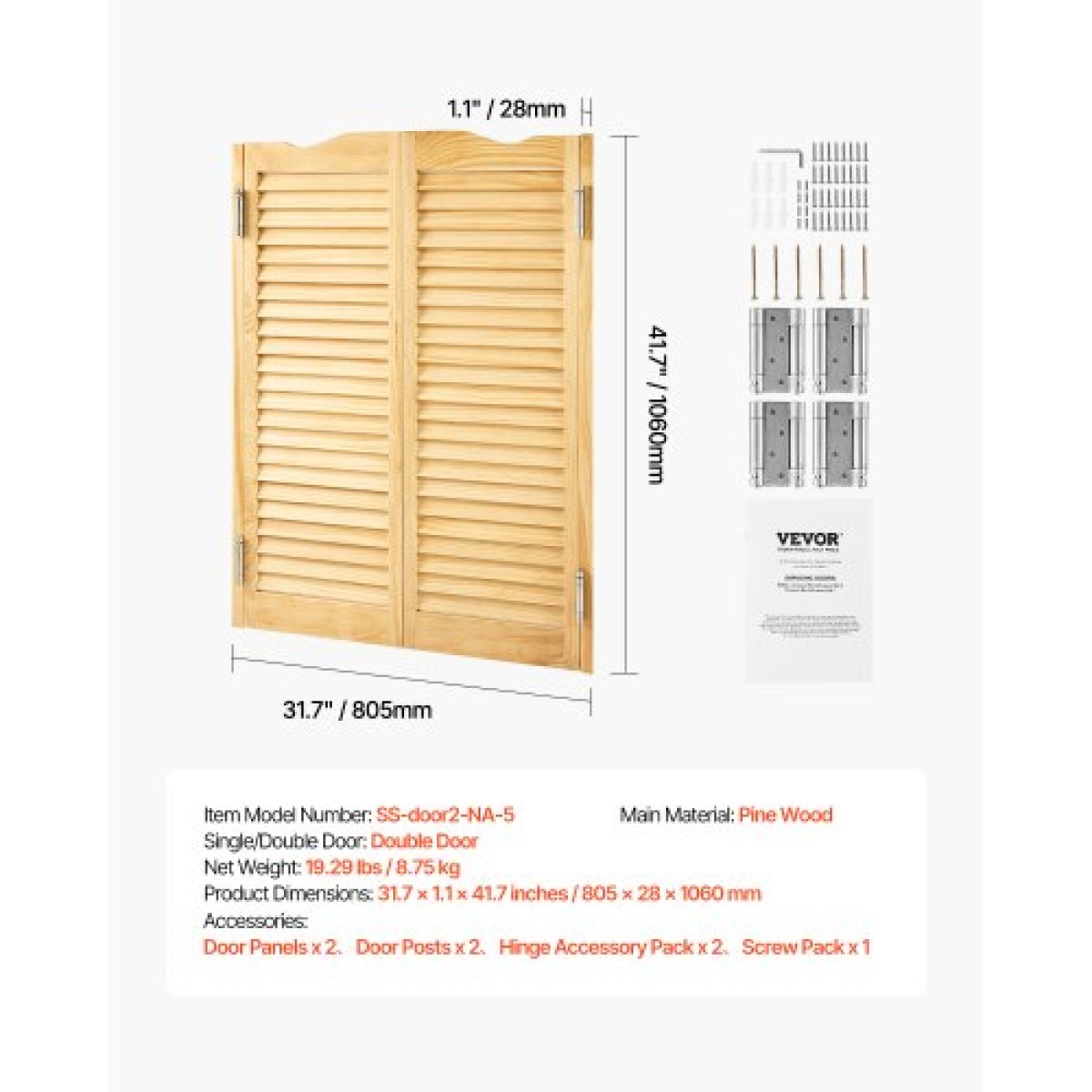 VEVOR Swinging Cafe Doors, Τοξωτές Εσωτερικές Πόρτες Saloon 81,3 x 106,7 cm, Διπλής Δράσης Από ξύλο πεύκου, με μεντεσέδες & υλικό, Εύκολη εγκατάσταση, για είσοδο παμπ κουζίνας στο διάδρομο, κούτσουρο χρώμα