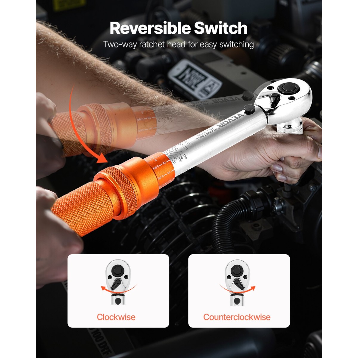 VEVOR Click Torque Wrench Set, 1/4Inch Drive, 20-200lbf-in/2.3-22.6N.m, Dual-direction and Dual Range Scales, 72-Tooth, ±3% High Precision, with Bit Sockets, Extension Bar, for Dicycle Repair, Πορτοκαλί