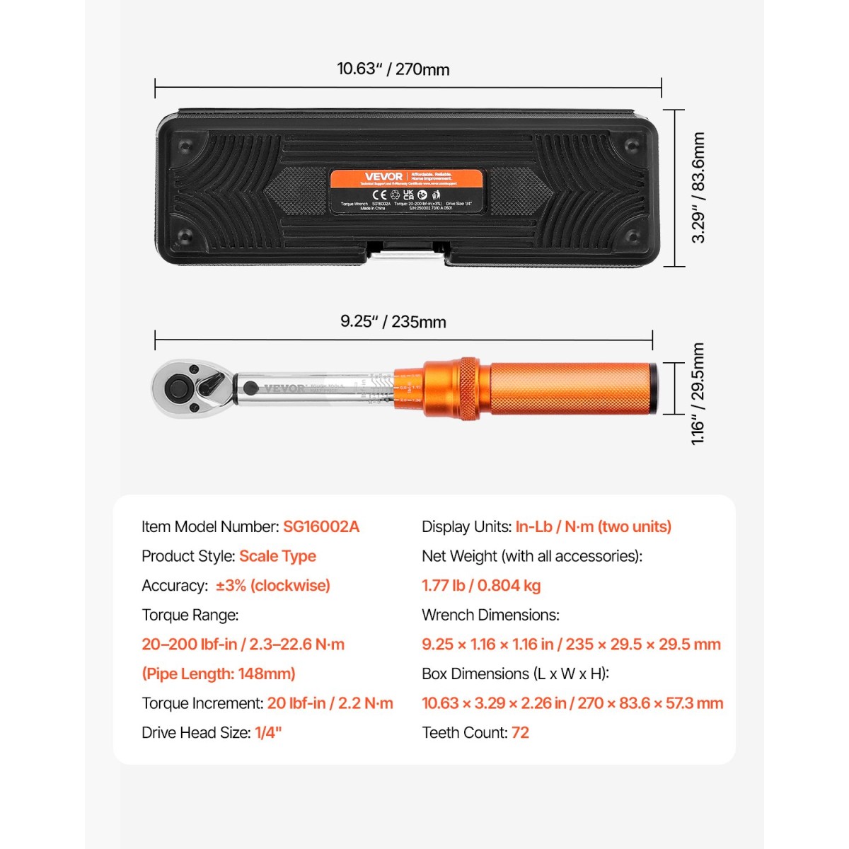 VEVOR Click Torque Wrench Set, 1/4Inch Drive, 20-200lbf-in/2.3-22.6N.m, Dual-direction and Dual Range Scales, 72-Tooth, ±3% High Precision, with Bit Sockets, Extension Bar, for Dicycle Repair, Πορτοκαλί