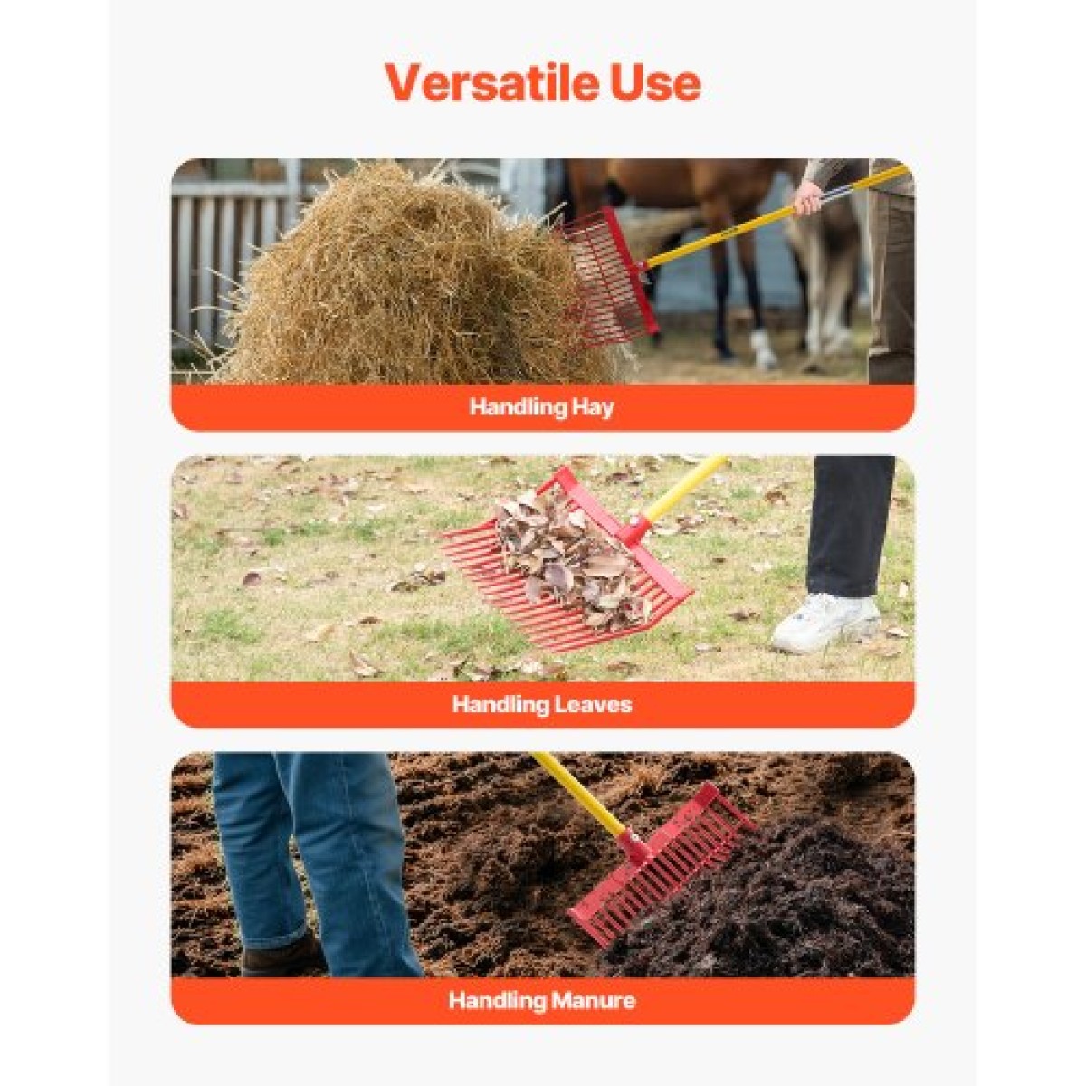 VEVOR Manure Fork, 18 Angled Tines, Horse Lore Rake with long Fiberglass Handle, 61 in Durable Plastic Pitchfork Muck Rake Tool for Gardening Horse Stall Stable Grass Hay Cleaning Farm Work