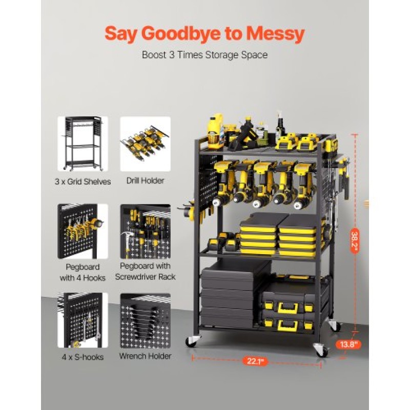 VEVOR 4-tier Tool Organizer Cart on Wheels 150 lbs Garage Cart for Workshop