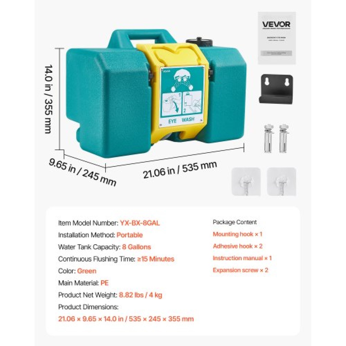 VEVOR φορητός σταθμός πλύσης ματιών 30L/8 Gal, Εγκεκριμένος από τον OSHA Σταθμός πλύσης ματιών Επιτοίχιος/σε επίπεδη επιφάνεια, Μονάδα πλύσης ματιών έκτακτης ανάγκης με 2 σπρέι, Μονάδες πλύσης ματιών πρώτων βοηθειών για σχολεία, εργαστήρια, εργοστάσια, πρ