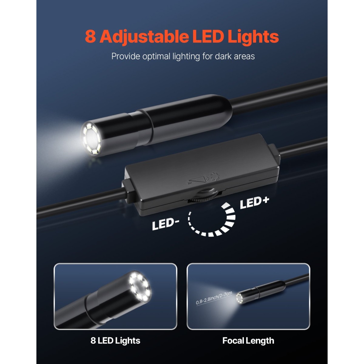 Κάμερα ενδοσκοπίου VEVOR με φως, 1920P HD Borescope για Android & IOS, 8 LED Lights Inspection Camera με ημιάκαμπτο καλώδιο 3m, Zoom 2X, IP67 Waterproof Snake Scope Κάμερες για αυτοκίνητα, υδραυλικά