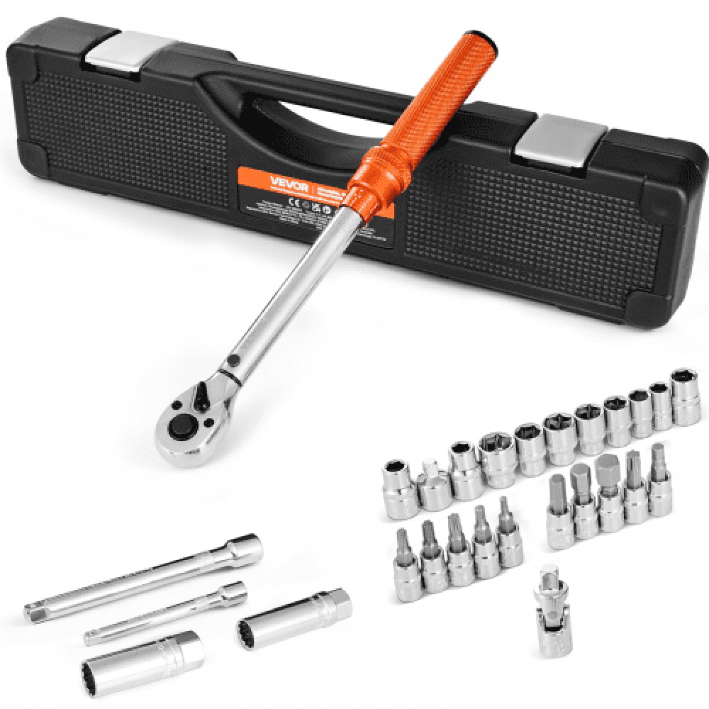 VEVOR Click Torque Wrench Set, 3/8 Inch Drive, 5-60 N.m / 3,7-44,3 lbf.ft, Dual-direction, 72-Tooth, ±3% High Precision, with Sockets, Bits, Extension Bar, Spank Sockets, Adapter, Orange