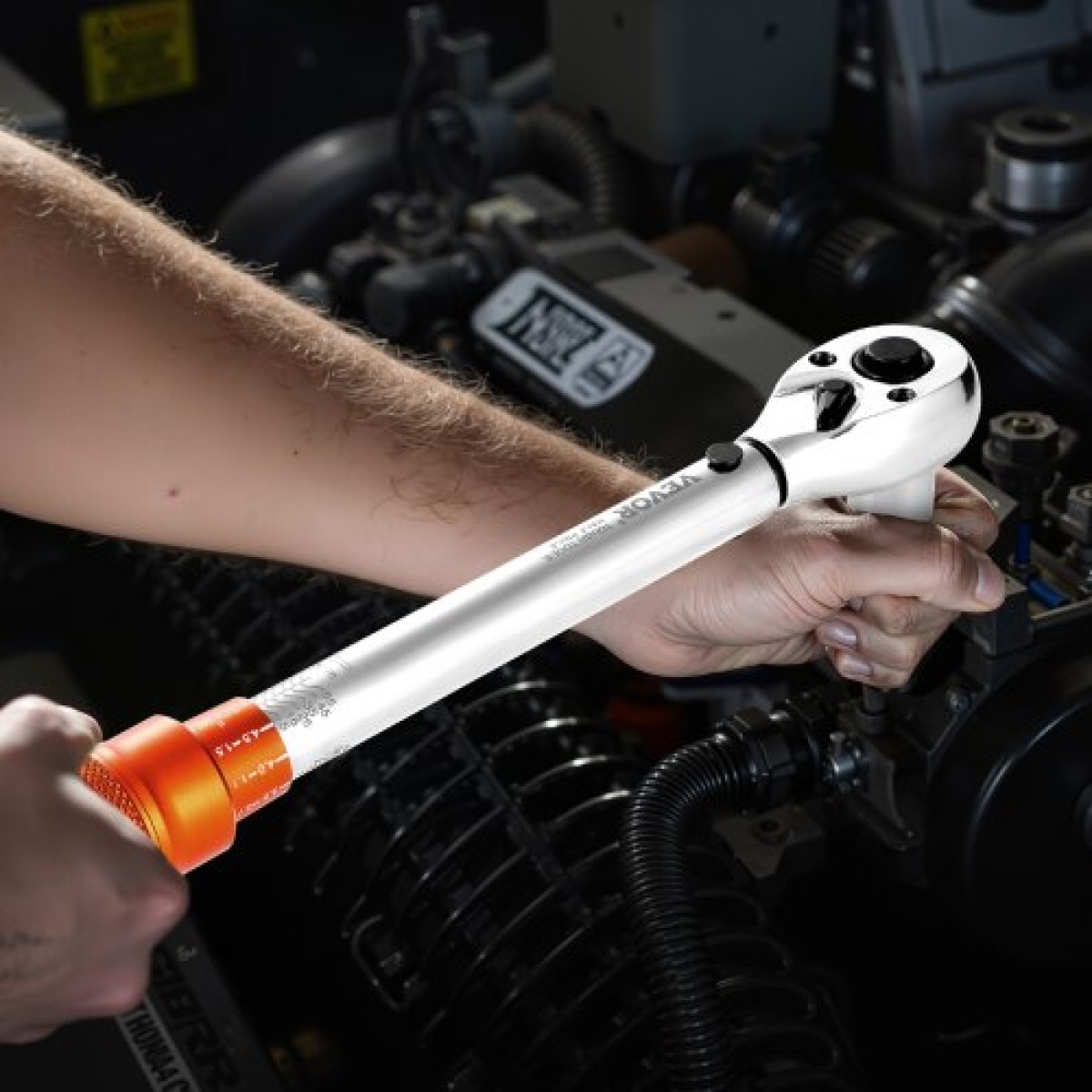 VEVOR Click Torque Wrench Set, 3/8 Inch Drive, 5-60 N.m / 3,7-44,3 lbf.ft, Dual-direction, 72-Tooth, ±3% High Precision, with Sockets, Bits, Extension Bar, Spank Sockets, Adapter, Orange