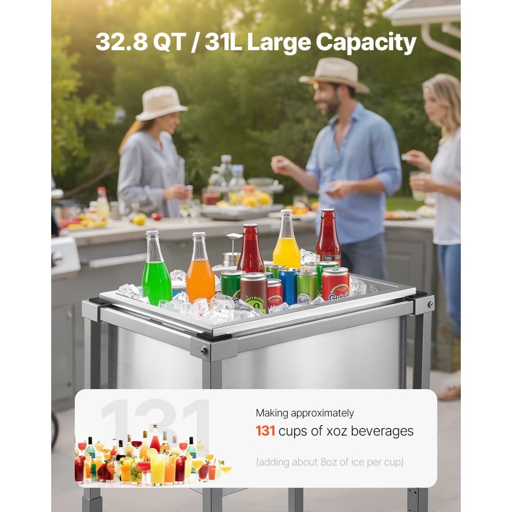 VEVOR Rolling Ice Chest Cooler Cart, 22"L x 16"W x 38"H (553 x 405 x 970 mm) Ανοξείδωτος κάδος ψύξης σε ρόδες, 31L Stand Up Cooler Caroly εξωτερικού χώρου με ράφι, για πάρτι μπαρ στην αυλή στο αίθριο