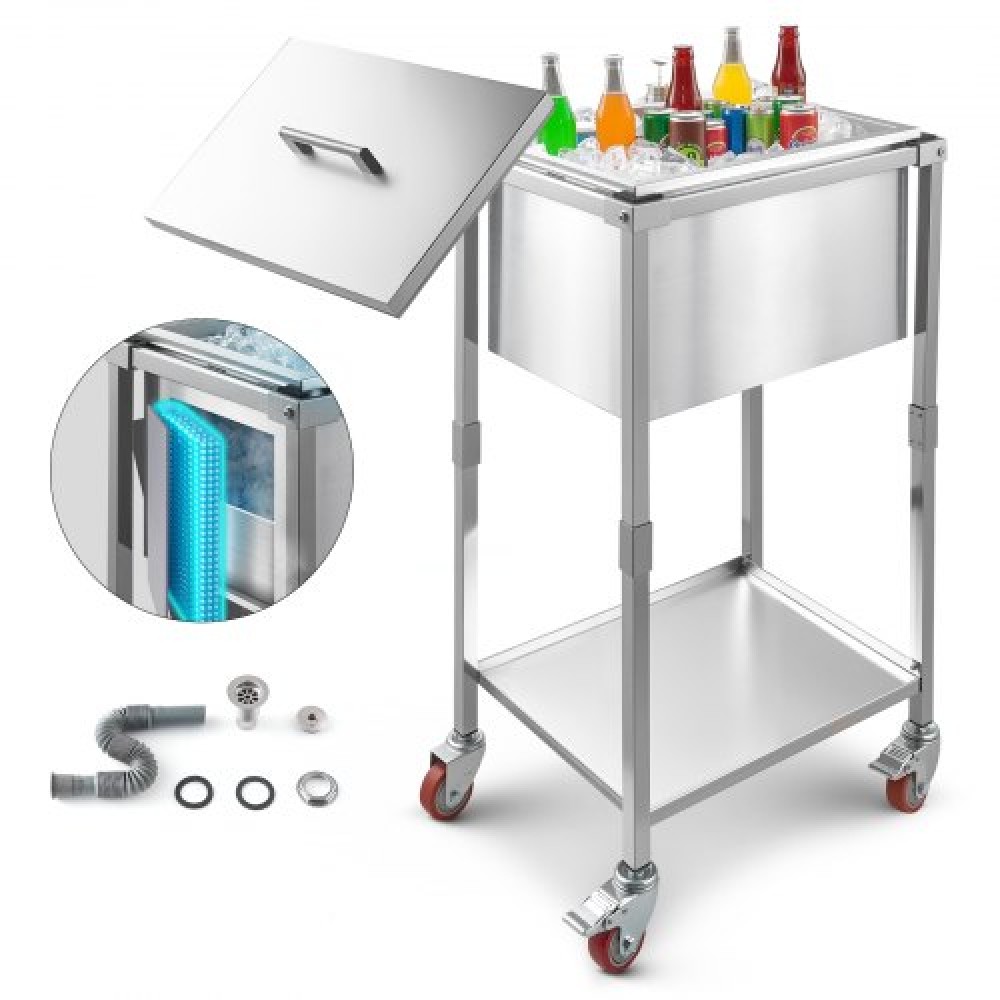 VEVOR Rolling Ice Chest Cooler Cart, 22"L x 16"W x 38"H (553 x 405 x 970 mm) Ανοξείδωτος κάδος ψύξης σε ρόδες, 31L Stand Up Cooler Caroly εξωτερικού χώρου με ράφι, για πάρτι μπαρ στην αυλή στο αίθριο