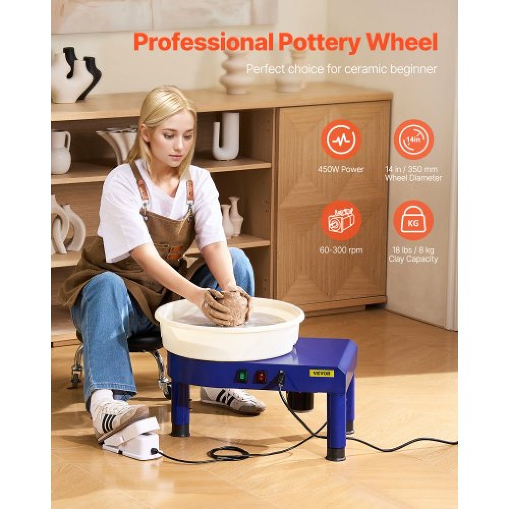 VEVOR Pottery Wheel, 14 in Ceramic Wheel Forming Machine, 60-300 RPM Ρυθμιζόμενη ταχύτητα με έλεγχο πεντάλ ποδιού, αποσπώμενη λεκάνη, ρυθμιζόμενο πόδι ανύψωσης, πλήρη αξεσουάρ για οικιακή κεραμική, DIY, Μπλε