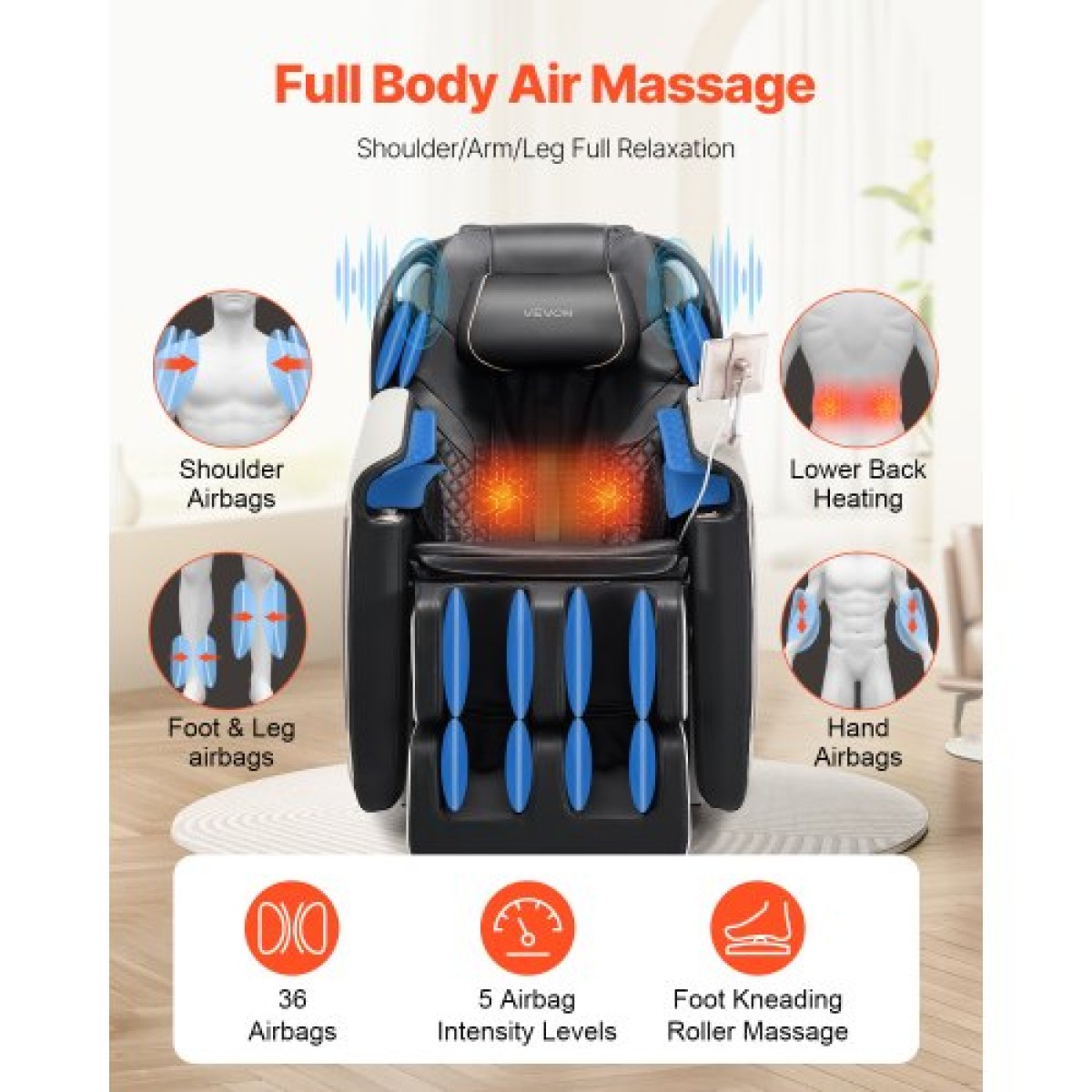 Καρέκλα μασάζ πλήρους σώματος VEVOR, 3D Zero Gravity Recliner με SL Track, 18 Auto Modes, Heat, Foot Rollers, Armrest Control, LCD Display, 36 Airbags, Retractable footrest