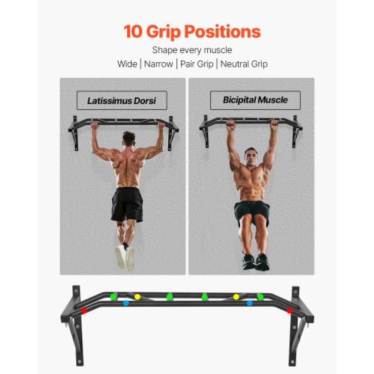 VEVOR Pull Up Bar, Multi-Prip Wall Mounted Pull Ups, 50 in Width Multifunction Chin Up Training Station, Heavy Duty Steel Bars Workout Up Body with Hangers, Weight 440 lbs, for Home Gym