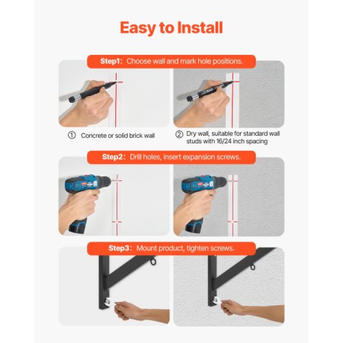 VEVOR Pull Up Bar, Multi-Prip Wall Mounted Pull Ups, 50 in Width Multifunction Chin Up Training Station, Heavy Duty Steel Bars Workout Up Body with Hangers, Weight 440 lbs, for Home Gym