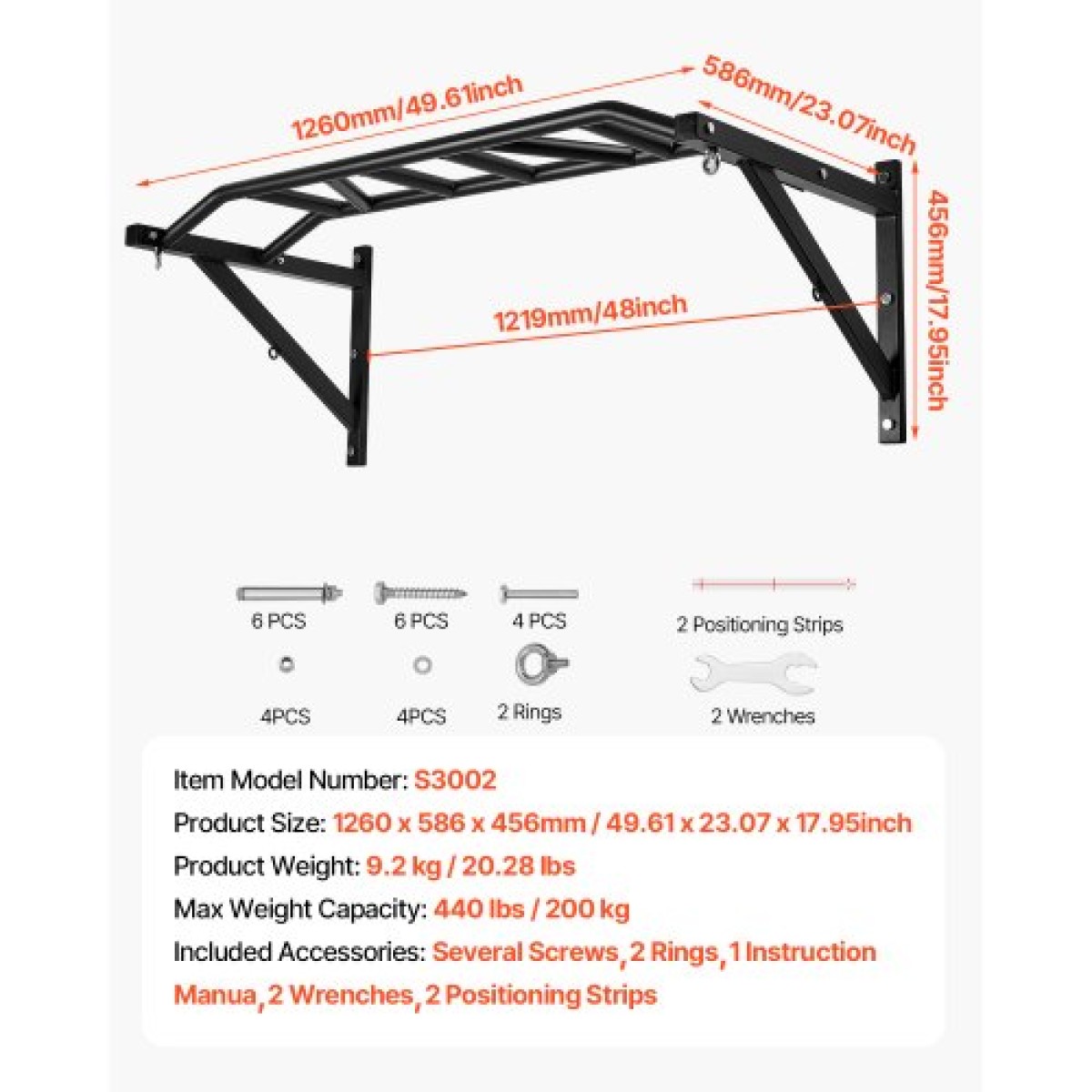 VEVOR Pull Up Bar, Multi-Prip Wall Mounted Pull Ups, 50 in Width Multifunction Chin Up Training Station, Heavy Duty Steel Bars Workout Up Body with Hangers, Weight 440 lbs, for Home Gym