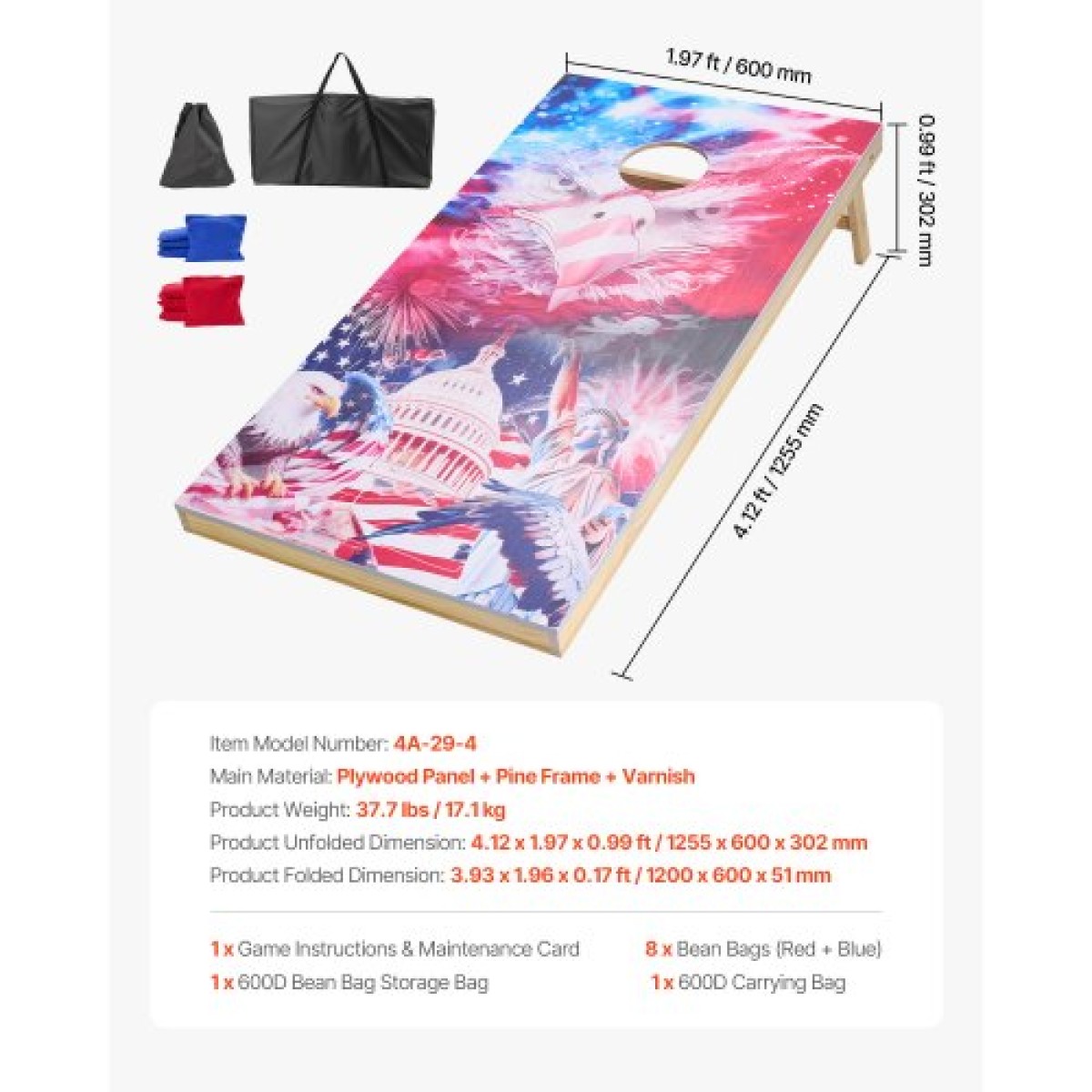 VEVOR Cornhole Set, 4x2 ft Corn Hole Game Boards, Solid Wood Portable Toss Board, Indoor and Outdoe Cornhole Play για ενήλικες, περιλαμβάνει 8 τσάντες φασολιών και θήκη μεταφοράς, για αυλή, πίσω αυλή, παραλία, κάμπινγκ