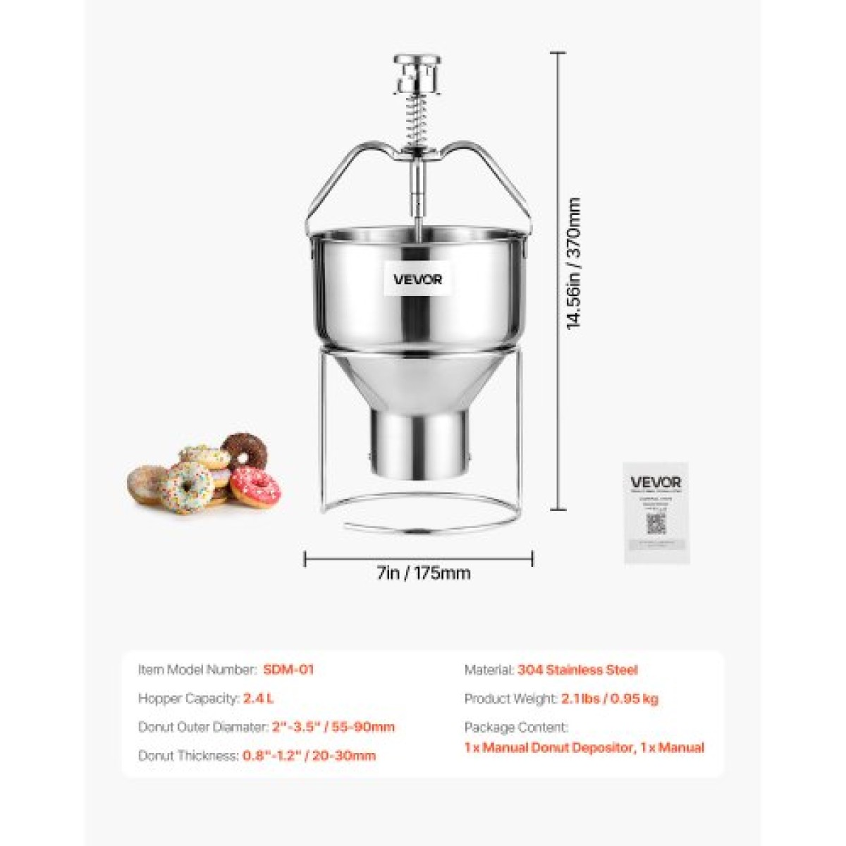 VEVOR Donut Depositor, Εγχειρίδιο μεγάλης χωρητικότητας Donuts Dropper, 304 Stainless Steel Commercial Batter Dispenser, 6 Thicknesses Adjusting Donut Hopper with Stand, for Restaurant Cafe Bakery Kitchen