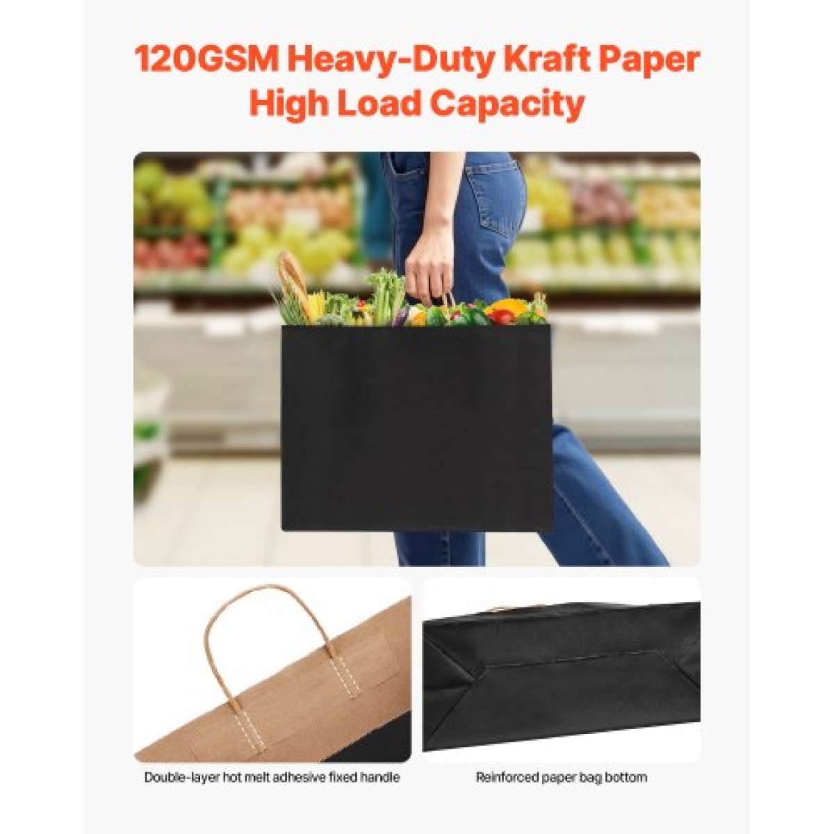 Χάρτινες τσάντες VEVOR Kraft με χερούλια, 50 τμχ 16 x 6 x 12 ίντσες, Μεγάλες χάρτινες τσάντες παντοπωλείου, επαναχρησιμοποιήσιμες & ανακυκλωμένες τσάντες για πάρτι, Απλή τσάντα για πάρτι μαζικά για γενέθλια, γάμους, επαγγελματικούς λόγους, καλούδια, μ