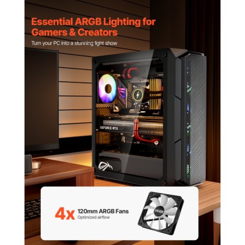 Θήκη VEVOR PC Gaming, Mid-Tower, Θήκη υπολογιστή με σκληρυμένο γυαλί υψηλής ροής αέρα, φίλτρο σκόνης, 4 x 120 mm ανεμιστήρες ARGB, εύκολη διαχείριση καλωδίων, για GPU μήκους έως 320 mm, για ATX / M-ATX / ITX