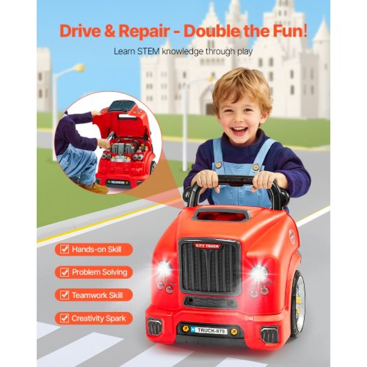 VEVOR Engine Toy, 60 τεμαχίων, Παιδικό σετ επισκευής μηχανικού αυτοκινήτου με αφαιρούμενα εξαρτήματα, φώτα και ήχους, τιμόνι και κόρνα, σετ εργαστηρίου Παιδικό μηχανικό για νήπια 3 ετών και άνω, κόκκινο