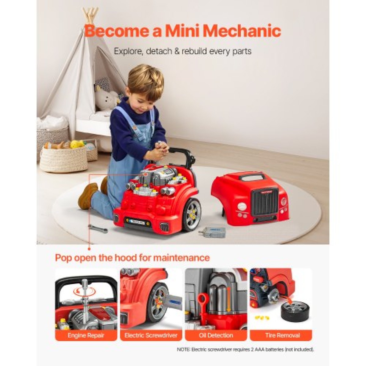 VEVOR Engine Toy, 60 τεμαχίων, Παιδικό σετ επισκευής μηχανικού αυτοκινήτου με αφαιρούμενα εξαρτήματα, φώτα και ήχους, τιμόνι και κόρνα, σετ εργαστηρίου Παιδικό μηχανικό για νήπια 3 ετών και άνω, κόκκινο