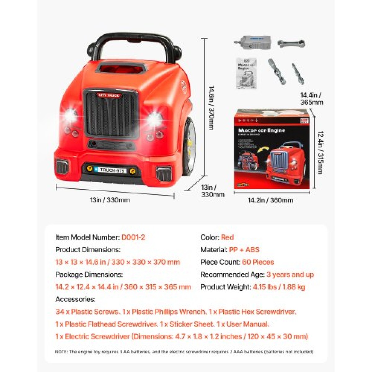 VEVOR Engine Toy, 60 τεμαχίων, Παιδικό σετ επισκευής μηχανικού αυτοκινήτου με αφαιρούμενα εξαρτήματα, φώτα και ήχους, τιμόνι και κόρνα, σετ εργαστηρίου Παιδικό μηχανικό για νήπια 3 ετών και άνω, κόκκινο