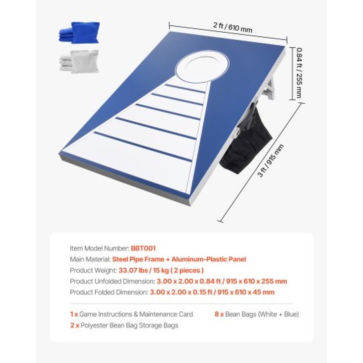 VEVOR Σετ Cornhole, 3x2 ft Corn Hole σανίδες παιχνιδιών, αλουμινένιο φορητό tossboard αδιάβροχο, πτυσσόμενο παιχνίδι Cornhole για εσωτερικούς και εξωτερικούς χώρους για ενήλικες, περιλαμβάνει 8 τσάντες φασολιών, για το Yard Backyard Beach Camping