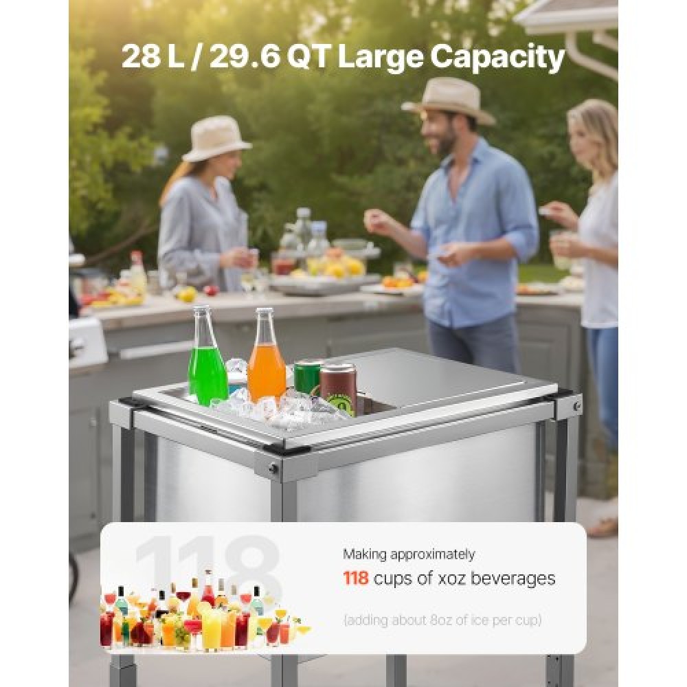 VEVOR Rolling Ice Chest Cooler Cart, 20"L x 14"W x 38"H (510 x 360 x 970 mm) Ανοξείδωτος κάδος ψύξης με ρόδες, 28L Stand Up Cooler Caroly εξωτερικού χώρου με ράφι, για πάρτι μπαρ στην αυλή στο αίθριο