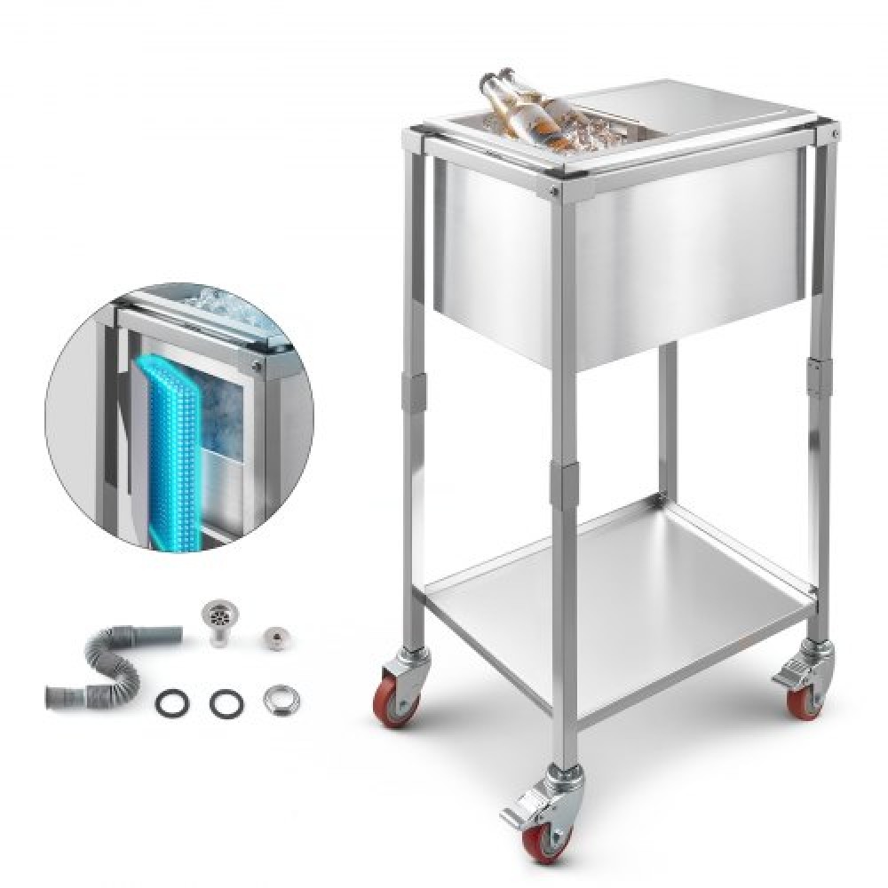 VEVOR Rolling Ice Chest Cooler Cart, 20"L x 14"W x 38"H (510 x 360 x 970 mm) Ανοξείδωτος κάδος ψύξης με ρόδες, 28L Stand Up Cooler Caroly εξωτερικού χώρου με ράφι, για πάρτι μπαρ στην αυλή στο αίθριο