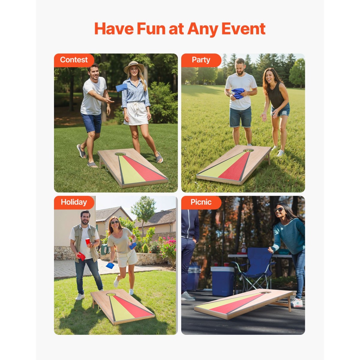 VEVOR Cornhole Set, 4x2 ft Corn Hole Game Boards, Solid Wood Portable Toss Board, Εσωτερικό και εξωτερικό παιχνίδι Cornhole για ενήλικες, περιλαμβάνει 8 τσάντες φασολιών και λαβή, για αυλή, πίσω αυλή, παραλία, κάμπινγκ
