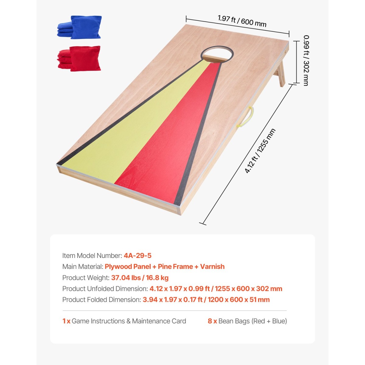 VEVOR Cornhole Set, 4x2 ft Corn Hole Game Boards, Solid Wood Portable Toss Board, Εσωτερικό και εξωτερικό παιχνίδι Cornhole για ενήλικες, περιλαμβάνει 8 τσάντες φασολιών και λαβή, για αυλή, πίσω αυλή, παραλία, κάμπινγκ