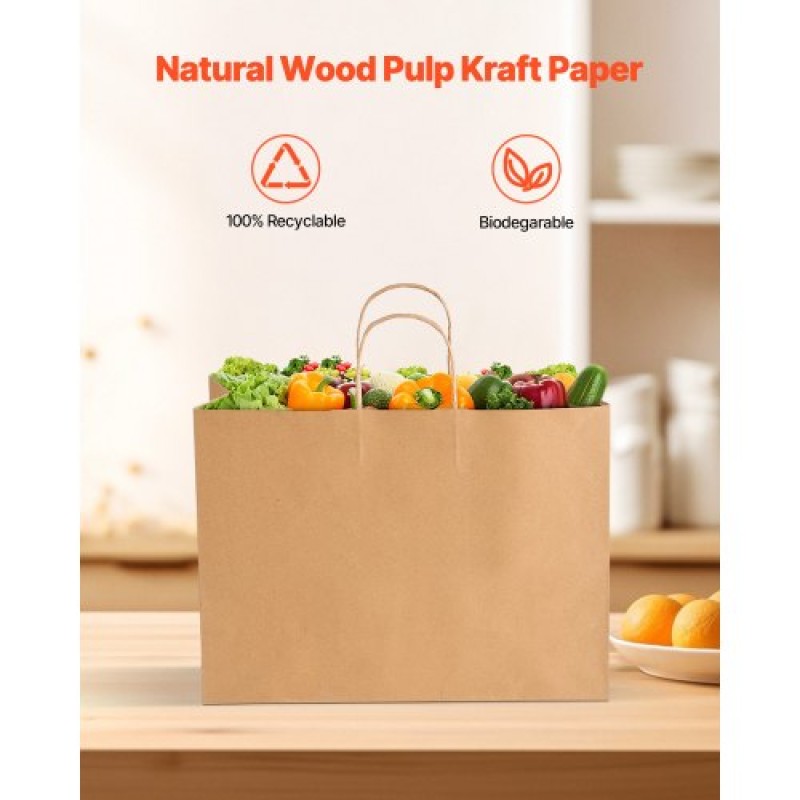 Χάρτινες τσάντες VEVOR Kraft με χερούλια, 50 τεμ. 16 x 6 x 12 ίντσες, Μεγάλες χάρτινες τσάντες παντοπωλείου, επαναχρησιμοποιήσιμες & ανακυκλωμένες καφέ σακούλες, Απλή τσάντα για πάρτι μαζικά για γενέθλια, γάμους, επαγγελματικούς λόγους, Goody, χειροτε